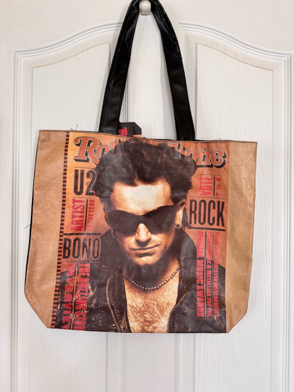 the Rolling Stones Vintage Tan and Black Bono U2 Graphic Tote Bag NWT Y2K